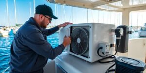 Marine technician working on boat air conditioning unit in jupiter florida